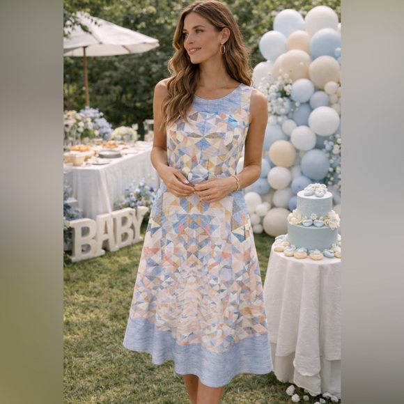 BCBGMaxAzria Geometric Print Midi Dress Sleeveless Pastel Blue Coral Accents 10 - Picture 13 of 13